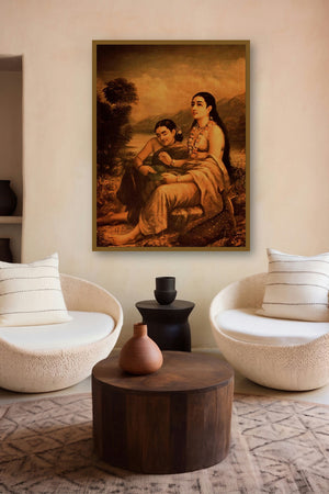 Shakumtalas Love Letter To Dushyanta (A Letter of Affection) by artist Raja Ravi Varma displayed in a Museum Style gallery
