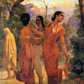 Figurative oil painting titled 'Shakumthala Looks Of Love', 36x21 inches, by artist Raja Ravi Varma Reproduction on Canvas