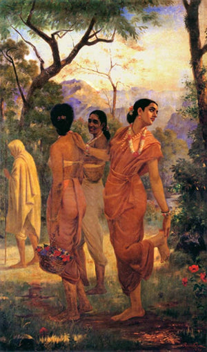Shakumthala Looks Of Love (A Pensive Gaze) by Raja Ravi Varma, Print Oil Figurative Painting on Canvas, X-Small Vertical Wall Art