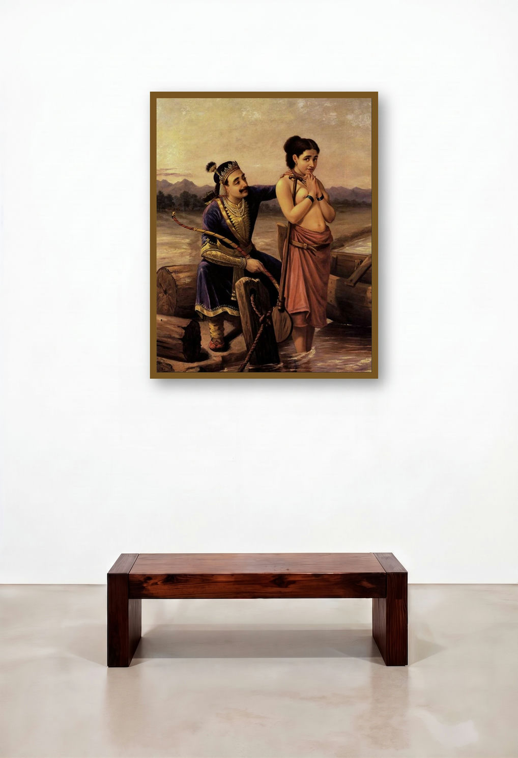 Shantanoo And Matsyagandha (A Rivers Embrace) by artist Raja Ravi Varma displayed in a Coastal Hallway