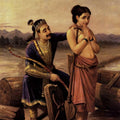 Figurative oil painting titled 'Shantanoo And Matsyagandha', 36x26 inches, by artist Raja Ravi Varma Reproduction on Canvas