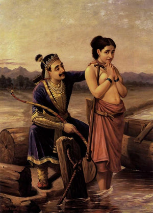Shantanoo And Matsyagandha (A Rivers Embrace) by Raja Ravi Varma, Print Oil Figurative Painting on Canvas, X-Small Vertical Wall Art