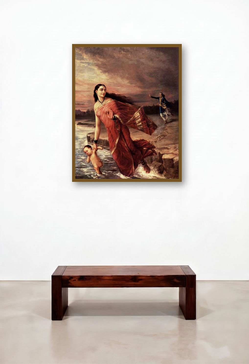 Shanthanoo And Ganga (A Royal Romance) by artist Raja Ravi Varma displayed in a Rustic Library