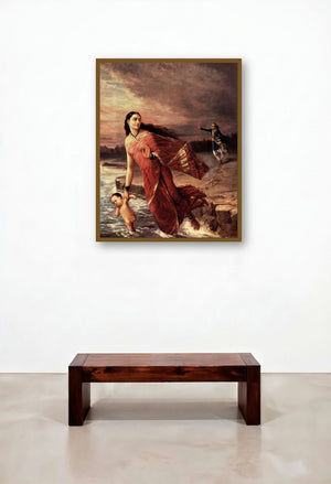 Shanthanoo And Ganga (A Royal Romance) by artist Raja Ravi Varma displayed in a Rustic Library