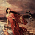 Figurative oil painting titled 'Shanthanoo And Ganga', 36x26 inches, by artist Raja Ravi Varma Reproduction on Canvas