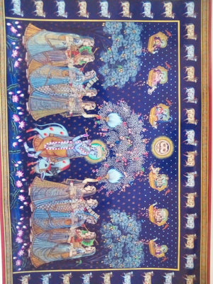 Sharad Purnima (Celestial Dance) by Rajendra Khanna, Original Tribal Religious Painting on Cloth, Large Vertical Wall Art