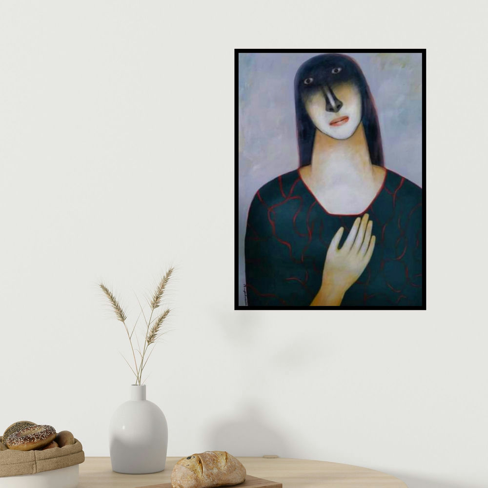 Mihir Kayal's 'She 1' painting visualized above a sofa in a contemporary room.