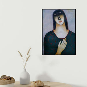 Mihir Kayal's 'She 1' painting visualized above a sofa in a contemporary room.