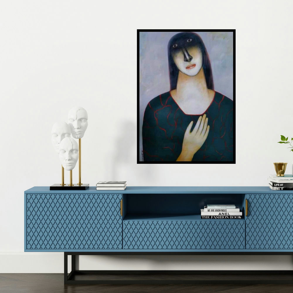 'She 1' painting by Mihir Kayal shown on a wall in a furnished room.