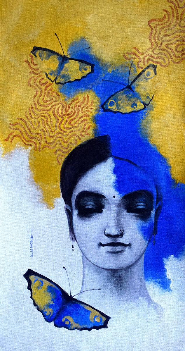 'She 23' figurative acrylic painting by artist Kishore Pratim Biswas, 24x12 inch, on canvas