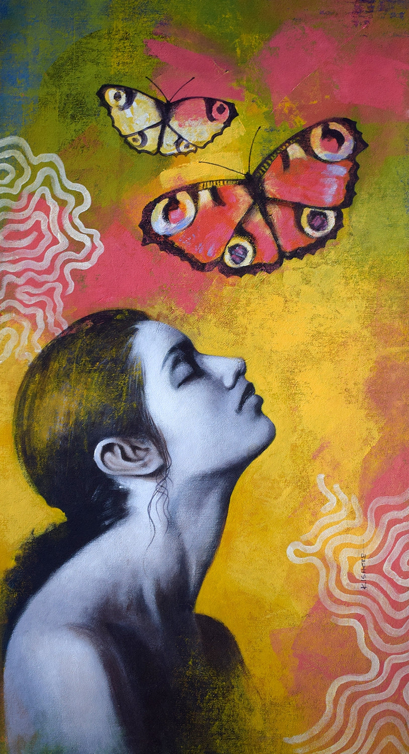 'She 28' figurative acrylic painting by artist Kishore Pratim Biswas, 33x18 inch, on canvas