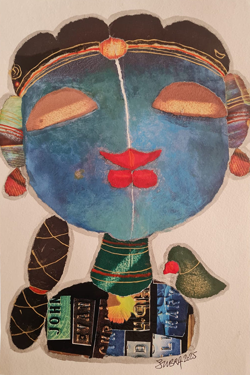 She 6' figurative mixed-media painting by artist G Subramanian, 12x8 inch, on paper