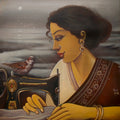 She Who Stitches The River' figurative acrylic painting by artist Sumon Naskar, 36x30 inch, on canvas