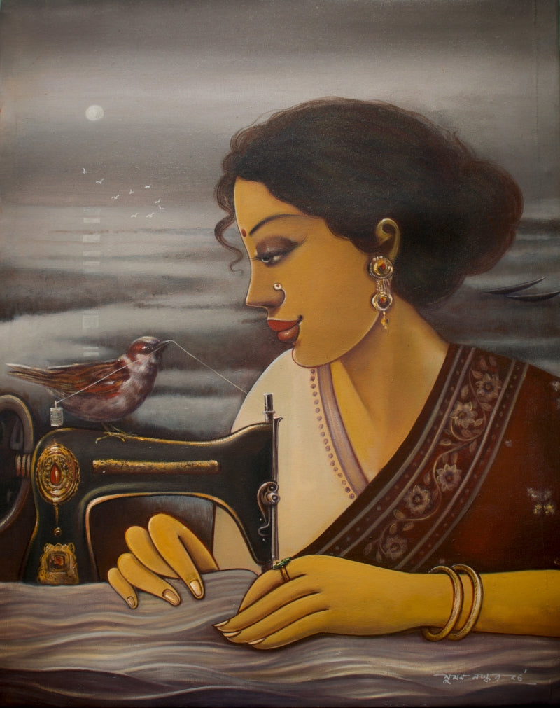 She Who Stitches The River' figurative acrylic painting by artist Sumon Naskar, 36x30 inch, on canvas