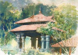 Shed (Timeless Tranquility) by Sankara Babu, Original Watercolor Scenic Painting on Paper, Small Horizontal Wall Art