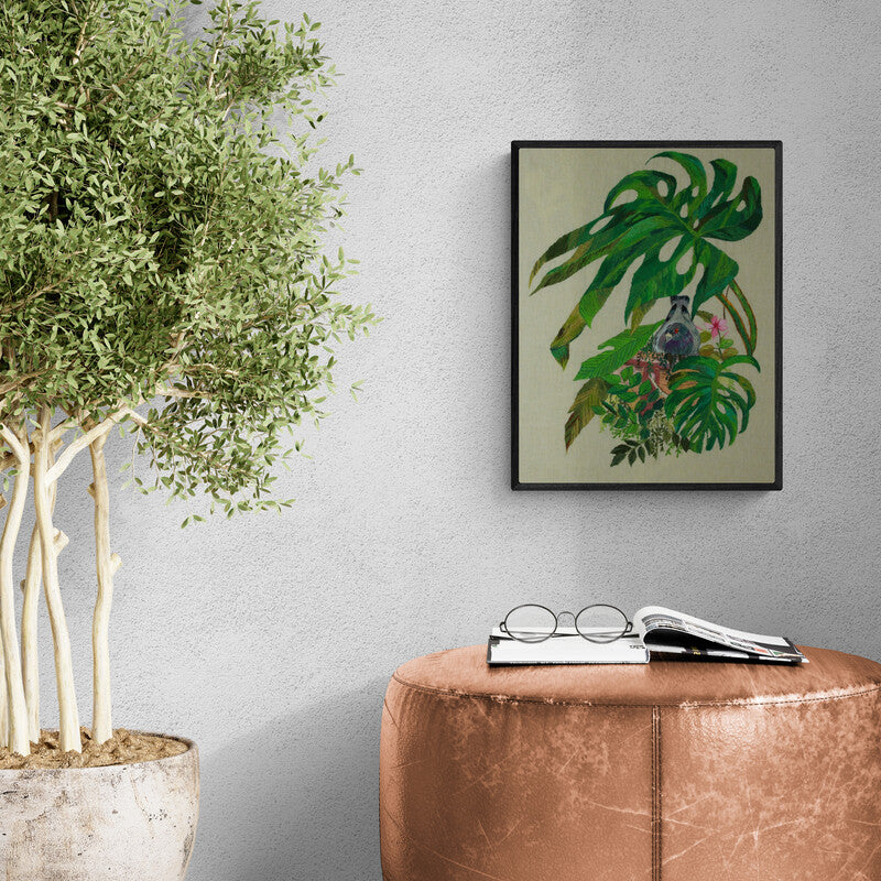 Shatabdi Roy's 'Shelter (Tropical Haven)' Painting visualized above a sofa in a contemporary room