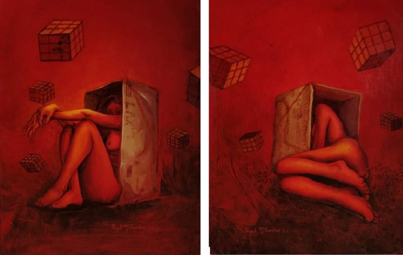 Shelter 2' nude acrylic painting by artist Payel Mitra Sarkar, 21x13 inch, on paper