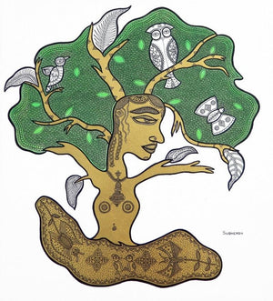 Nature mixed media painting titled 'Shelter Of Love', 20x18 inches, by artist Subhendu Ghosh on Canvas