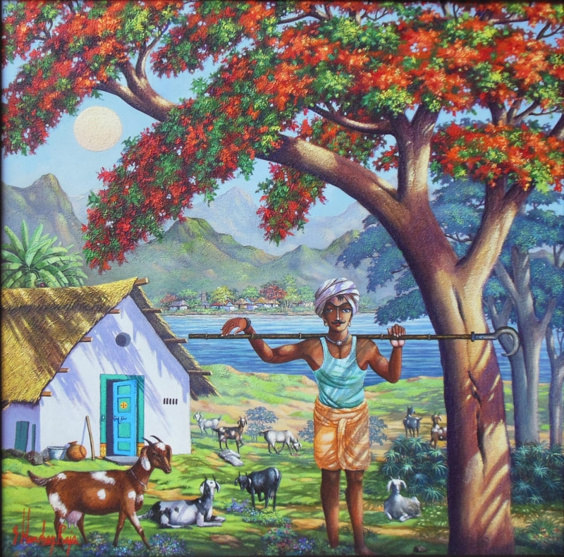 'Shepherd' figurative acrylic painting by artist Manohar Raja, 36x36 inch, on canvas