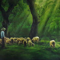 Figurative acrylic painting titled 'Shepherd', 24x36 inches, by artist Prasad Karambat on Canvas Board