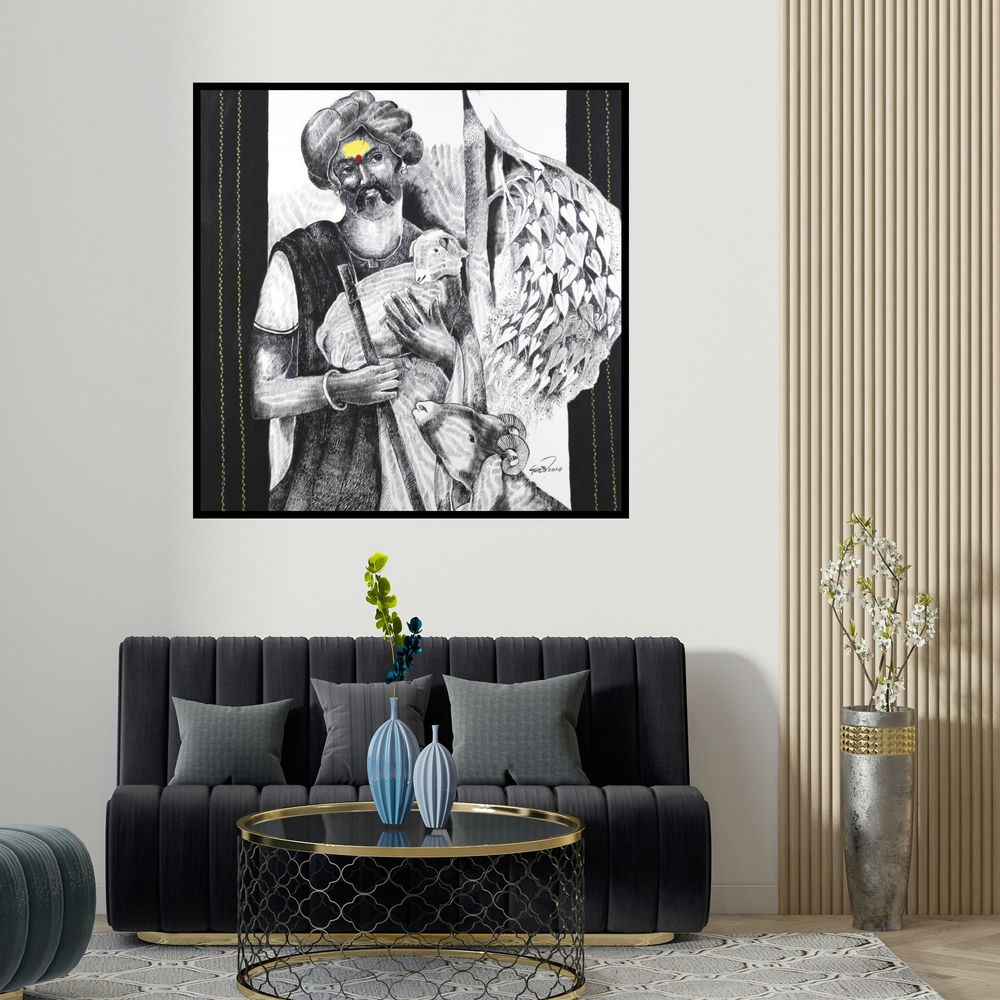 Raosaheb Gurav's 'The Shepherd (Pastoral Harmony)' painting visualized above a sofa in a contemporary room.