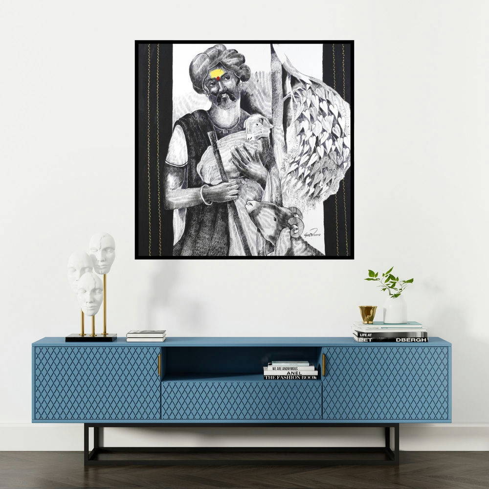 'The Shepherd (Pastoral Harmony)' painting by Raosaheb Gurav shown on a wall in a furnished room.