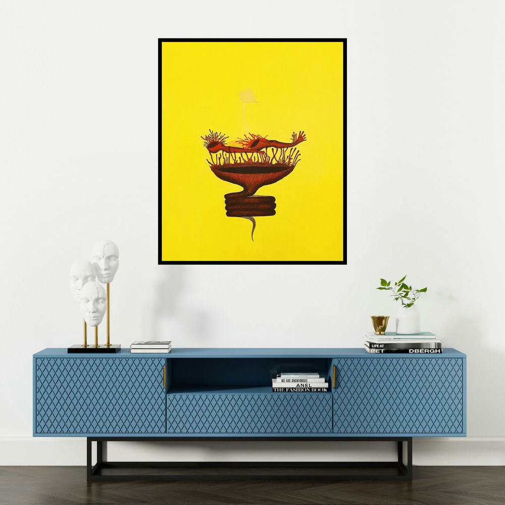 Nitesh Panchal's 'Shes Shayya 1 (The Vessel of Creation)' painting visualized above a sofa in a contemporary room.