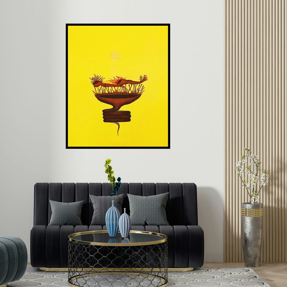 'Shes Shayya 1 (The Vessel of Creation)' painting by Nitesh Panchal shown on a wall in a furnished room.