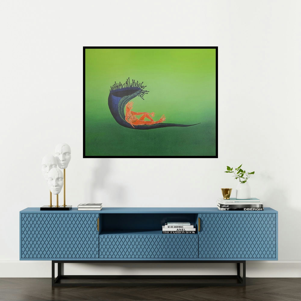 Nitesh Panchal's 'Shes Shayya 2 (Emergence)' painting visualized above a sofa in a contemporary room.