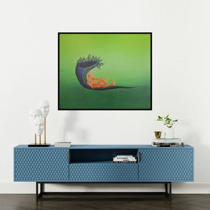 Nitesh Panchal's 'Shes Shayya 2 (Emergence)' painting visualized above a sofa in a contemporary room.