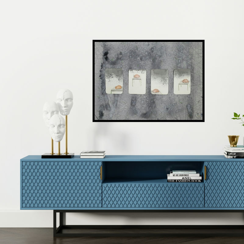 Preview of 'Shifting (The Weight of Thought)' Painting by Dishakha Yadav shown on a wall in a furnished room.