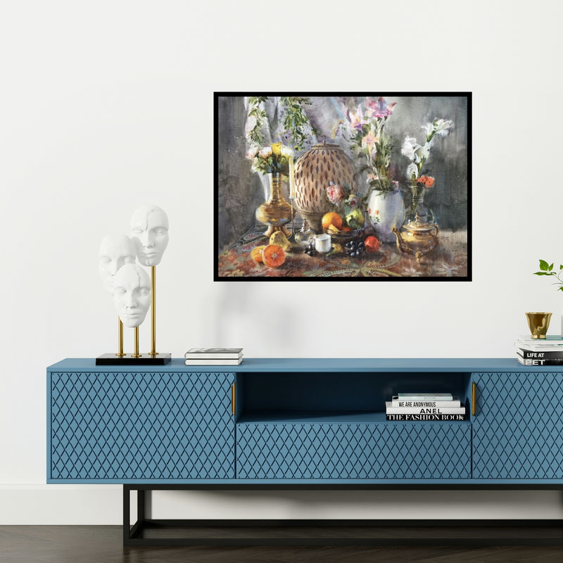 Preview of 'Shine Of Light (Still Life with Flowers and Fruit)' Painting by Shadab Kazi shown on a wall in a furnished room.