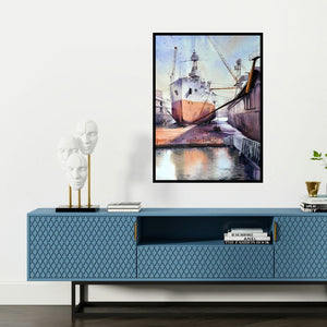 'Ship Yard' painting by Amit Kapoor shown on a wall in a furnished room.