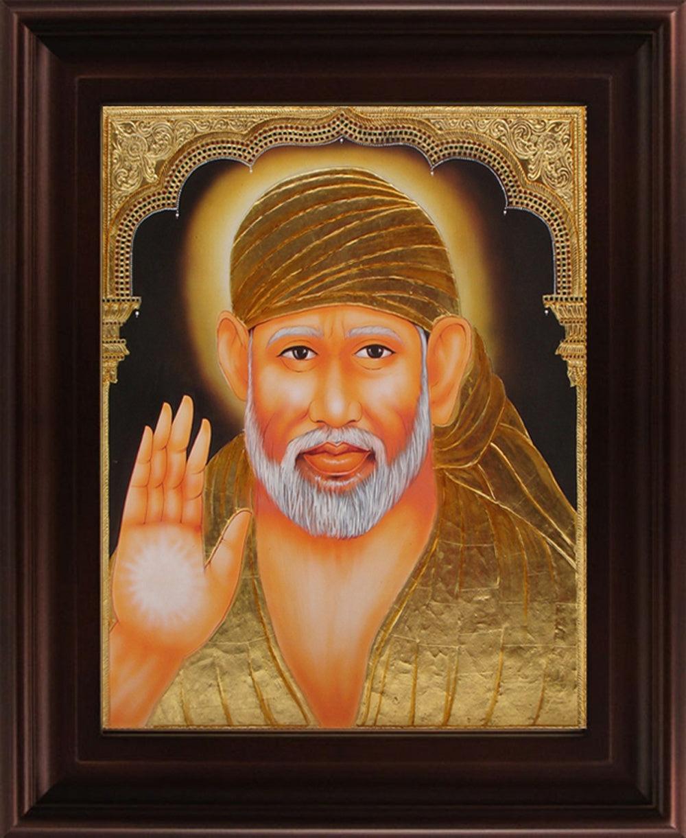 Religious tanjore traditional art titled 'Shirdi Sai Baba Tanjore Painting 2', 24x18 inches, by artist Myangadi Tanjore on Plywood