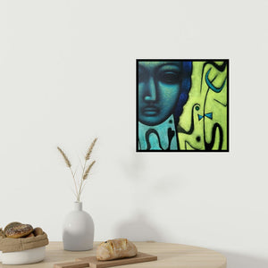 In-situ view of Sanjay Bhalerao's 'Shiv 3 (Woman in Green)' painting in a room