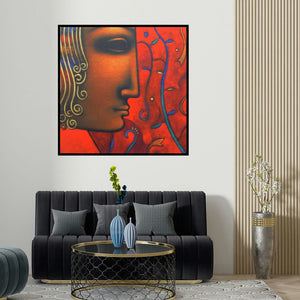 Sanjay Bhalerao's 'Shiv 5 (Crimson Gaze)' painting visualized above a sofa in a contemporary room.