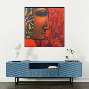 'Shiv 5 (Crimson Gaze)' painting by Sanjay Bhalerao shown on a wall in a furnished room.