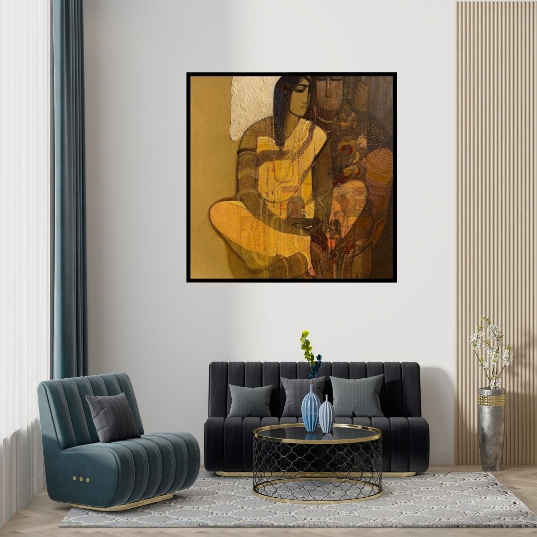 Preview of 'Shiv And Parvati 5 (Golden Couple)' Painting by Siddharth Shingade shown on a wall in a furnished room.