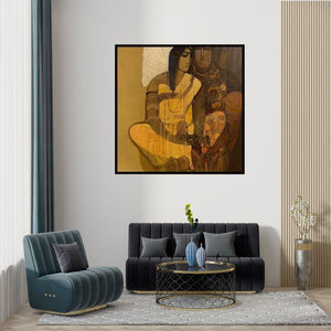 Preview of 'Shiv And Parvati 5 (Golden Couple)' Painting by Siddharth Shingade shown on a wall in a furnished room.