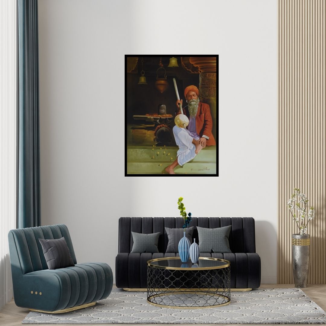 Preview of 'Shiv Bhakt (Venkateswara Temple Ritual)' Painting by Kamal Rao shown on a wall in a furnished room.