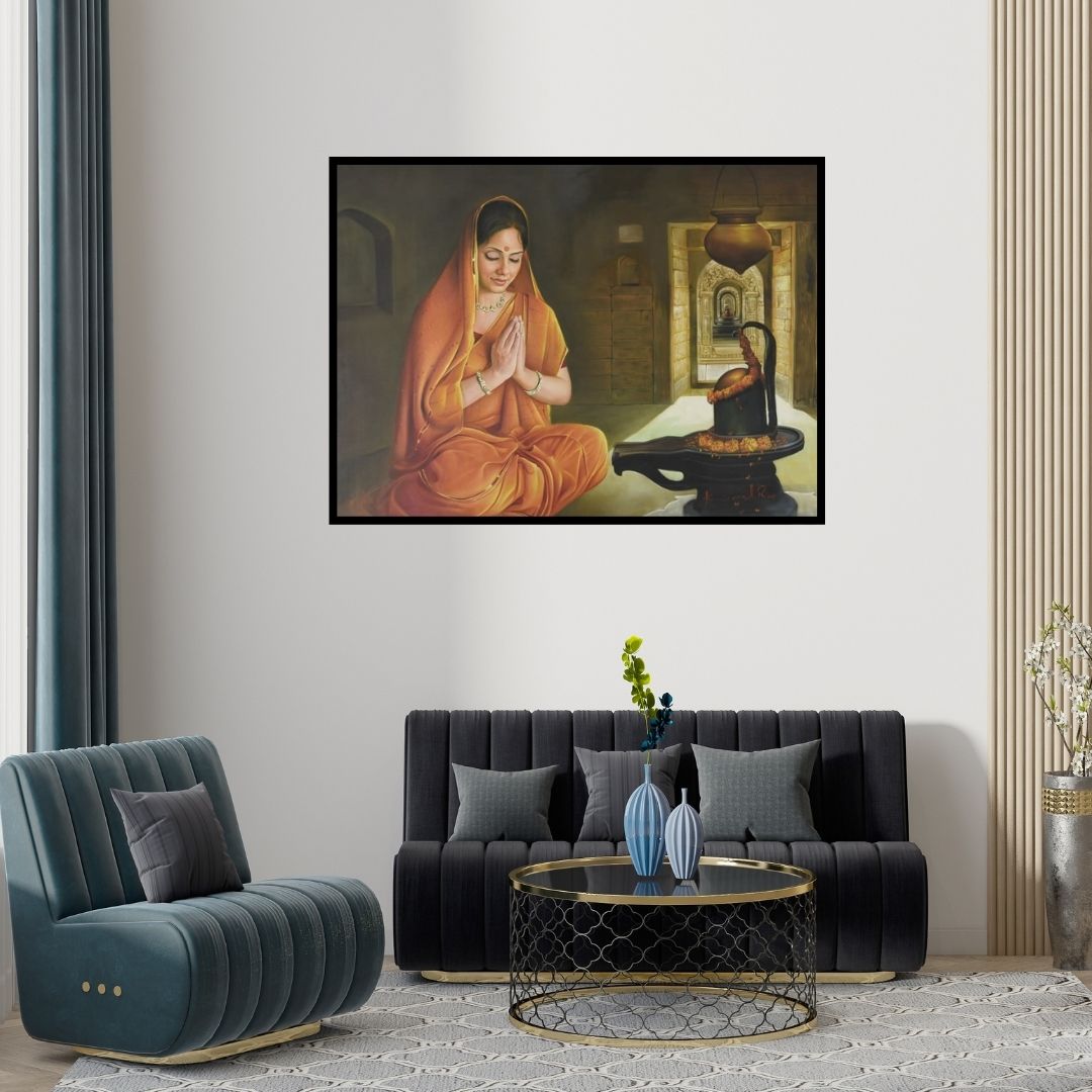 Preview of 'Shiv Bhakt (Buddha Serene Presence)' Painting by Kamal Rao shown on a wall in a furnished room.