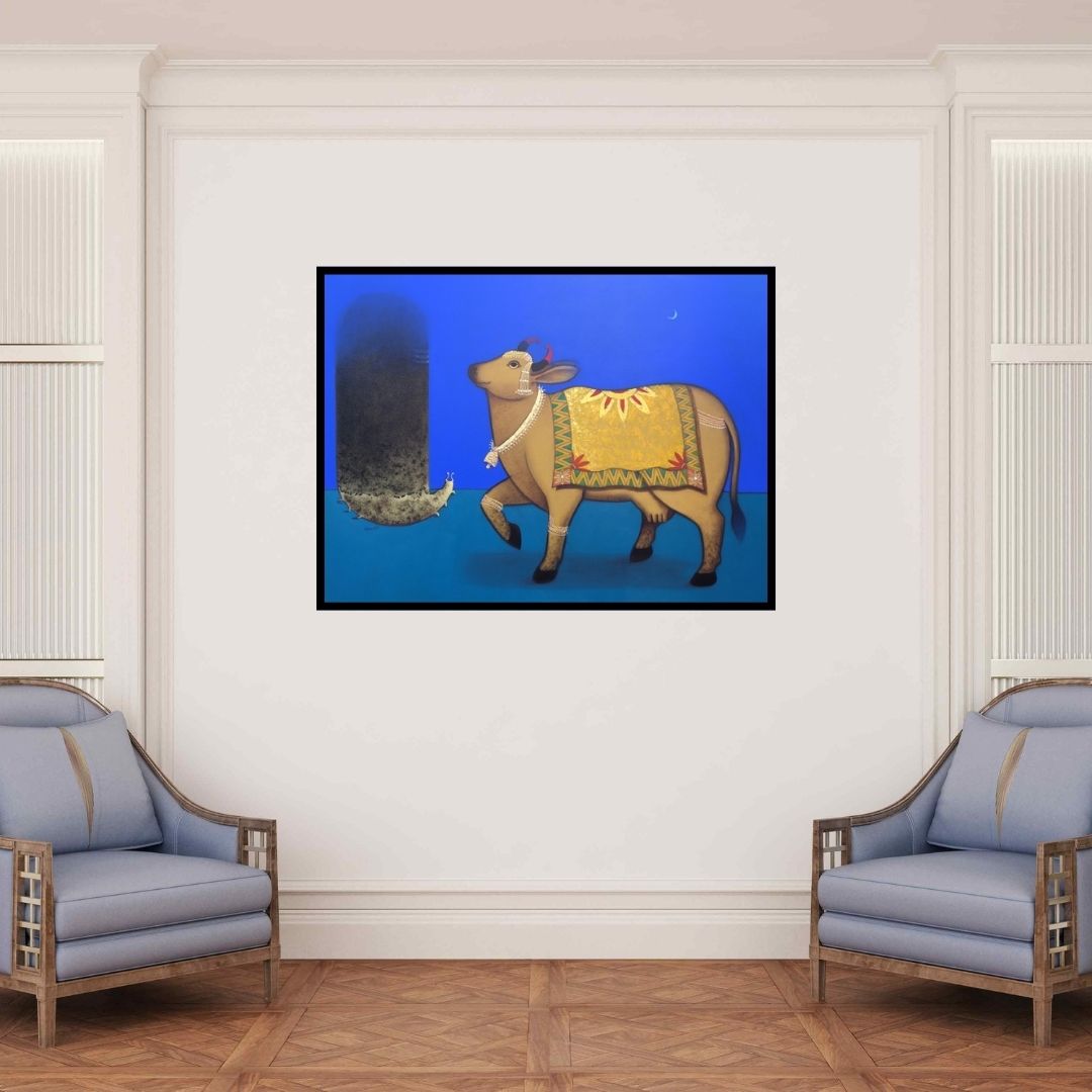 In-situ view of Mukesh Diliprao Hattarge's 'Shiv Bhakti (Sacred Cow)' painting in a room