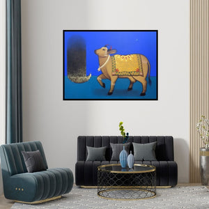 Preview of 'Shiv Bhakti (Sacred Cow)' Painting by Mukesh Diliprao Hattarge shown on a wall in a furnished room.