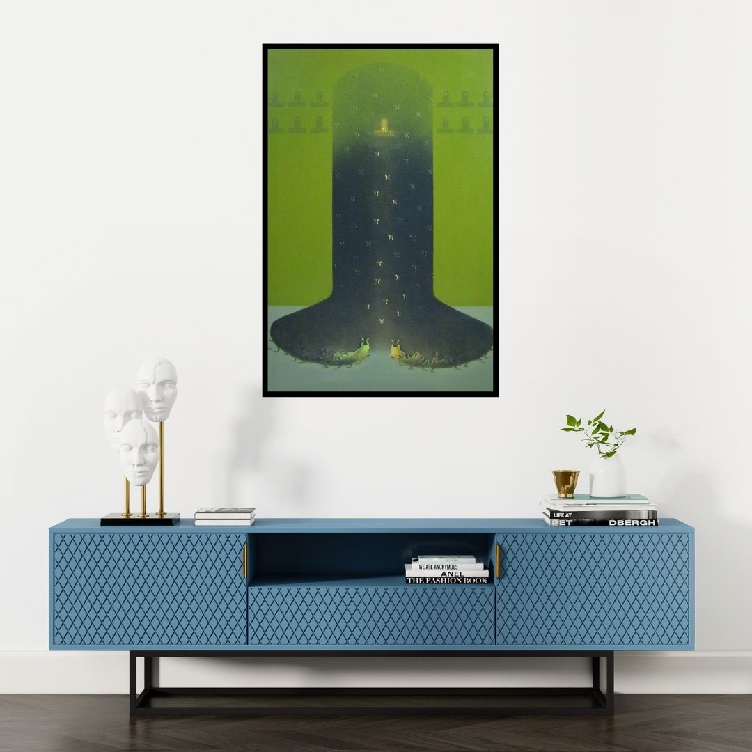 Preview of 'Shiv Bhakti (The Inner Sanctum)' Painting by Mukesh Hattarge shown on a wall in a furnished room.