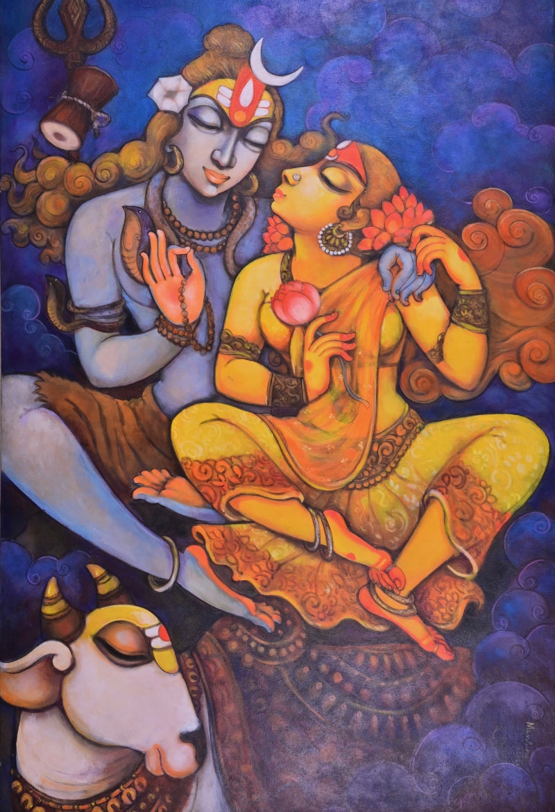 Shiv Gauri' religious acrylic painting by artist Manisha Srivastava, 50x36 inch, on canvas