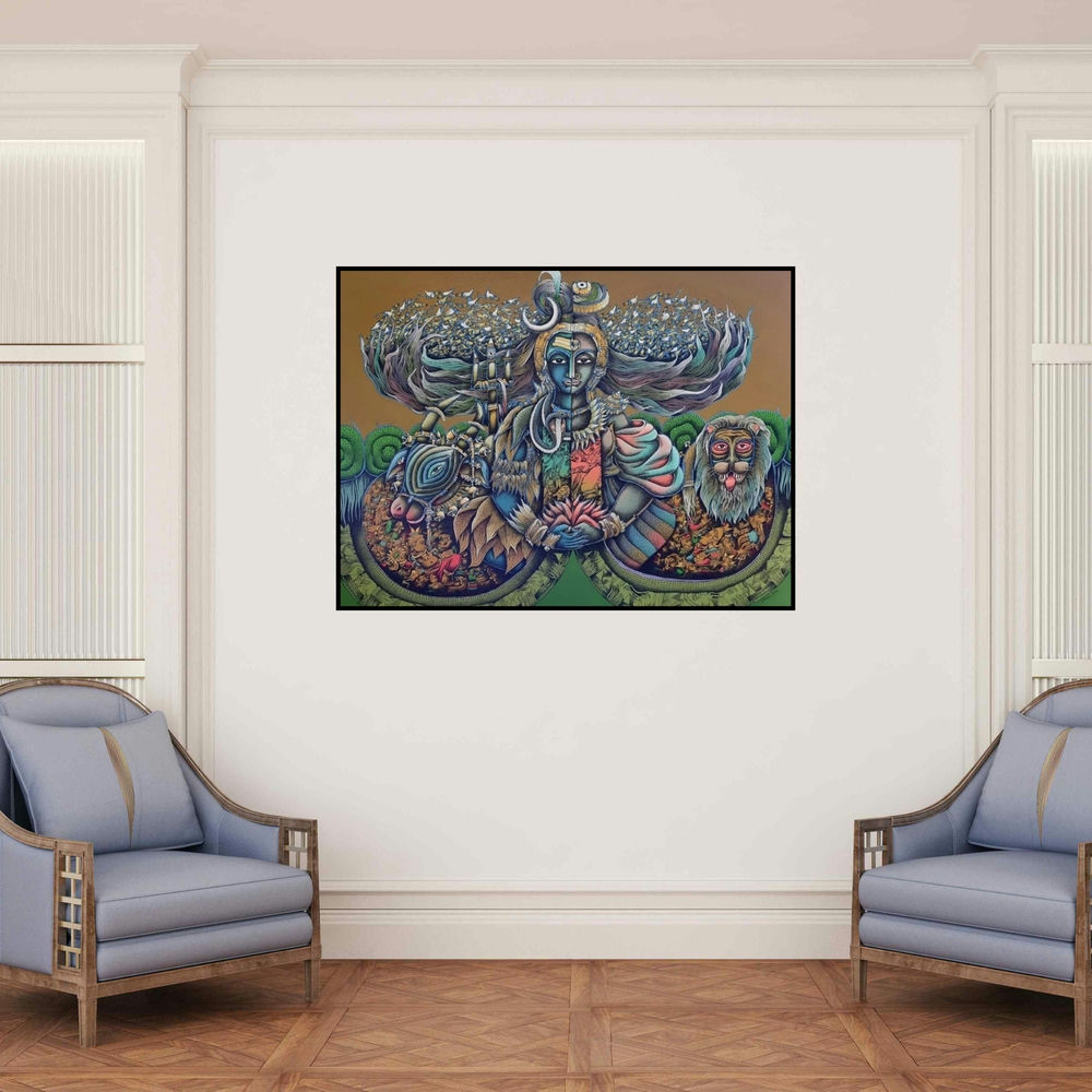 'Shiv Nandani (Shiva Shakti)' painting by Jitendra Dangi shown on a wall in a furnished room.