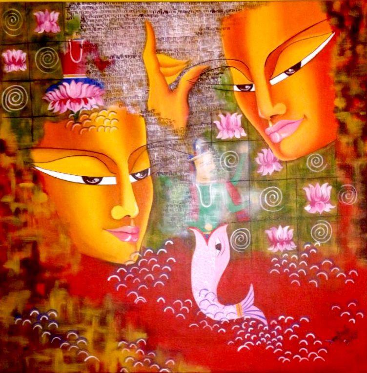 Figurative acrylic painting titled 'Shivohum 24 x 24in acrylic &amp; oil on', 24x24 inches, by artist Deepali Mundra on Canvas