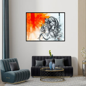 Preview of 'Shiv Parvati (Cosmic Harmony: Shiva and Parvati)' Painting by Narayan Shelke shown on a wall in a furnished room.