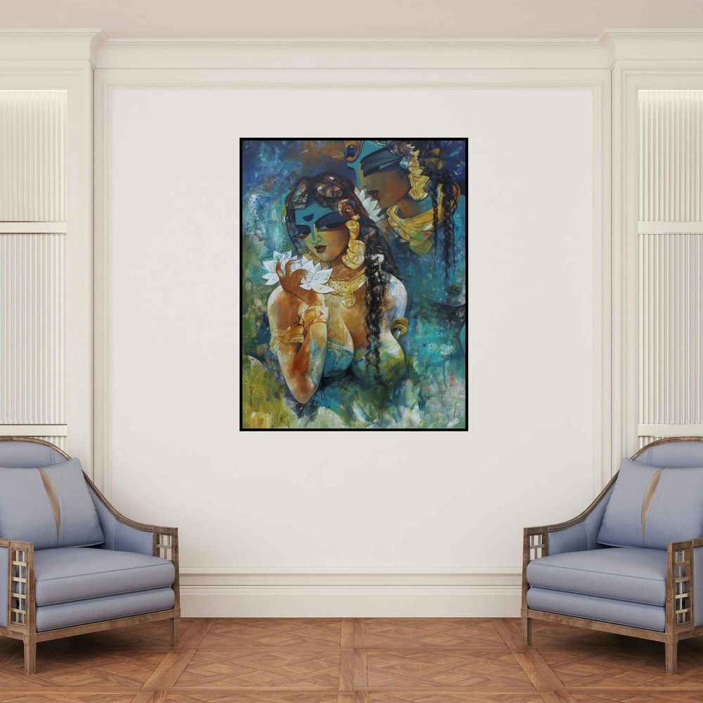 'Shiv Parvati 1 (Ganesha Abstract Meditation)' painting by N P Rajeshwarr shown on a wall in a furnished room.