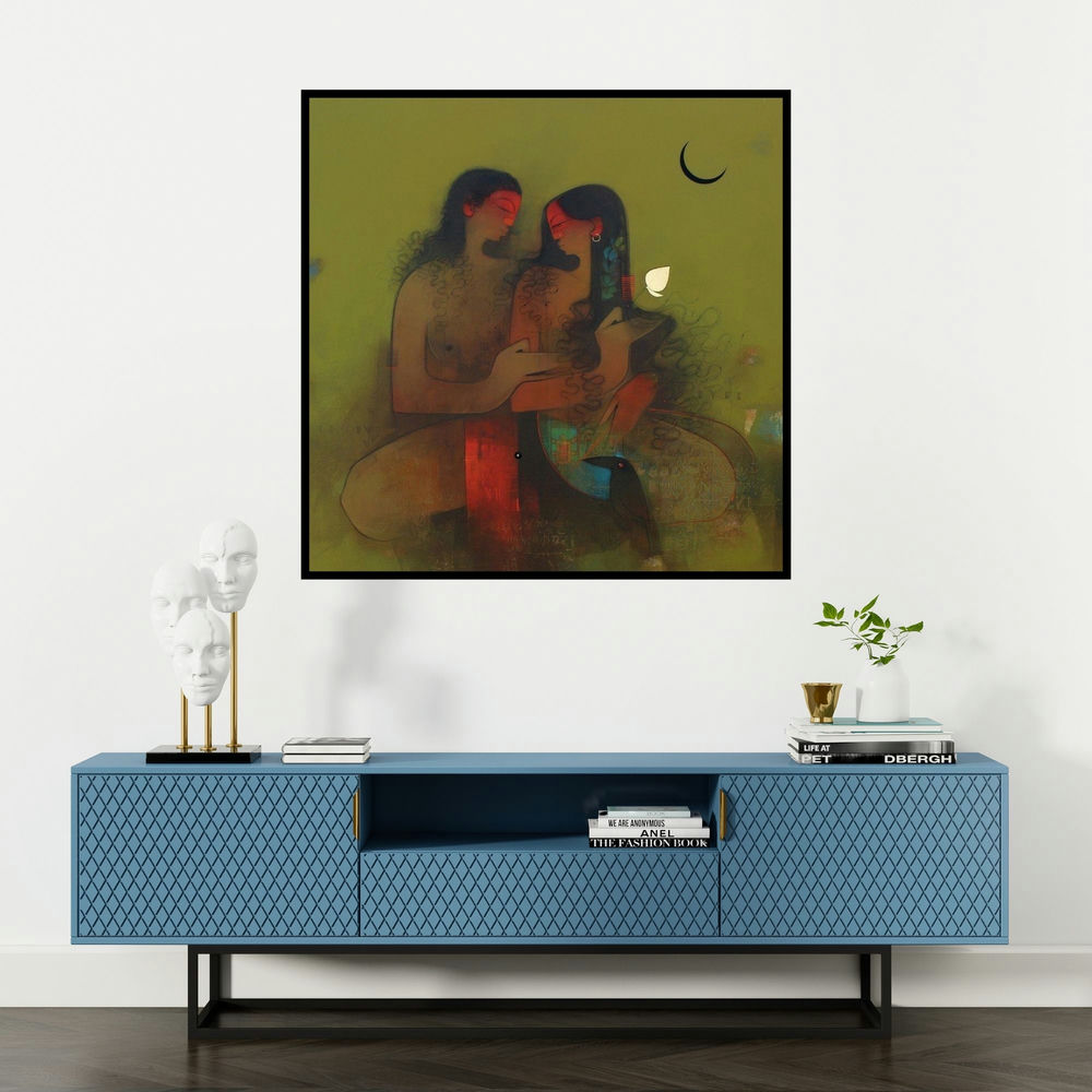 'Shiv Parvati' painting by Amol Pawar shown on a wall in a furnished room.